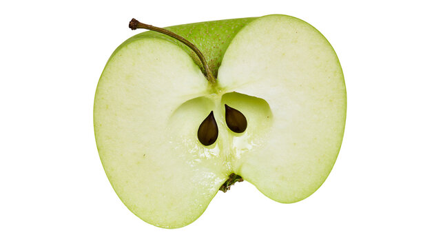 Fresh sliced green apple half with visible seeds and stem
