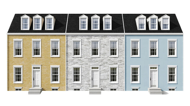 Three colorful attached townhouses with stone and brick facades and dormer windows