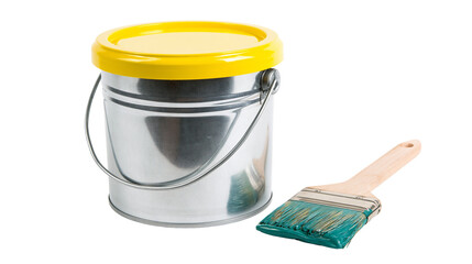 Metal paint bucket with yellow lid and wooden handle brush with green paint © Fraser