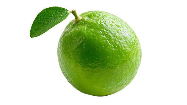 Fresh whole green lime fruit with a single leaf and water droplets