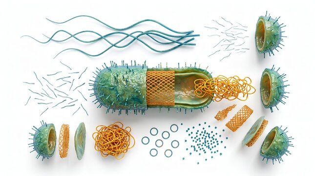 Exploded view of bacterium structure, showing cell components for microbiology study