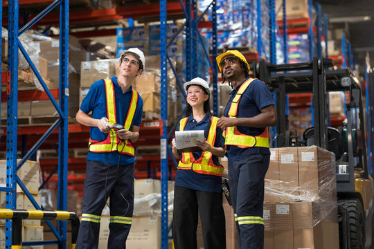 Warehouse workers, warehouse storage and logistics. Professional multiethnic team of warehouse workers discussing logistics plan and checking stock control while working in storage warehouse