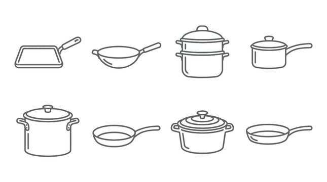 A collection of various kitchen cooking pots and pans icons