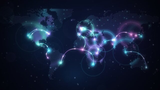 Dotted world map with glowing neon connection lines and nodes showing global network communication in 4K