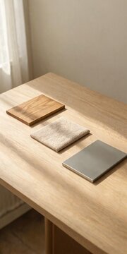 Wood fabric and metal material samples on a table