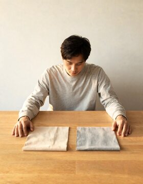 Man comparing two fabric samples at a table