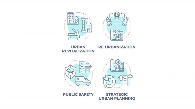 Modern city evolution models animated monochrome cyan concept icon set. Responsible municipal growth. Enhancing public safety networks. Minimalist blue line animation pack. Circular motion graphics