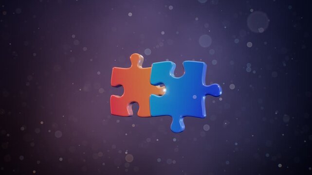 Two Glossy 3D Puzzle Pieces Connect Together With Glowing Seam Abstract Partnership Seamless Loop