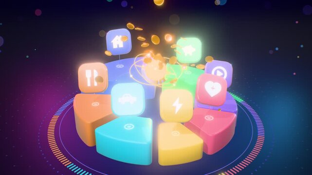 Budget Planner Categories 3D Donut Chart Allocating Coins To Living Expenses Seamless Loop