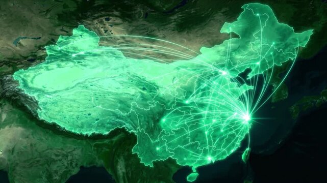 衛星視点の中国全土に広がる光の量子通信ネットワークと行政境界線