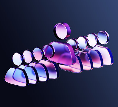 Recruiting isometric 3D icon, queue of people silhouette. Neon glass user profiles with purple blue gradient on dark render background. Human resource management, leadership, team. 3D illustration