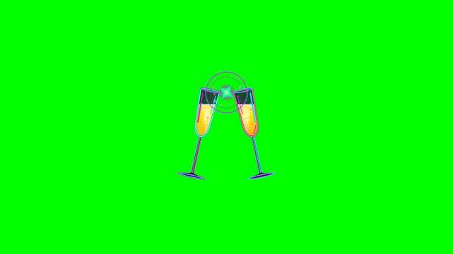 Neon cyan and magenta champagne glasses clinking on green screen, flat vector animation with glowing golden drink, light waves, and purple particles, 10s seamless loop