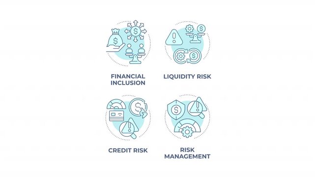 Inclusive banking integration animated monochrome cyan concept icon set. Decentralized finance regulatory oversight. Minimalist blue line animation pack. Circular motion graphics
