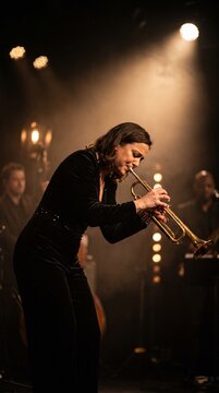 Talented female jazz musician playing a trumpet on a dimly lit stage  