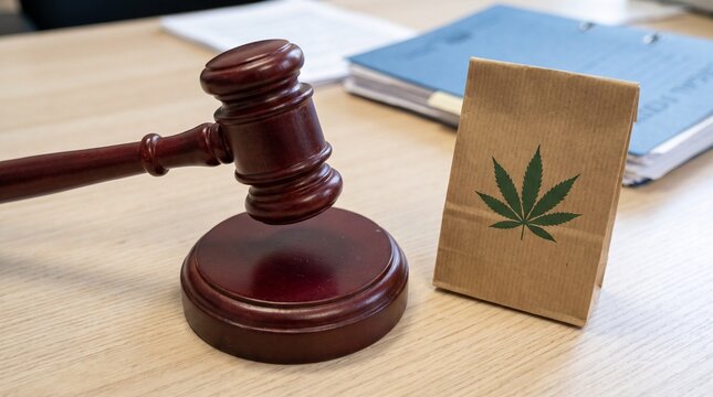 Gavel and cannabis paper bag on wooden table symbol of marijuana legalization law and justice concept
