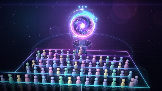 queue waiting screen 3d people walking serpentine line into glowing portal loading ring seamless loop