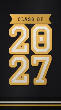 Vertical Class of 2027 varsity chenille patch on black wool
