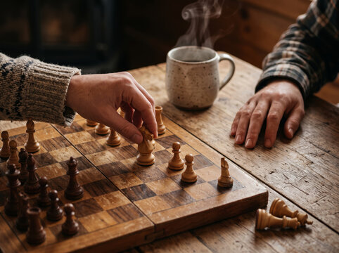 Friends Playing Chess Game Over Rustic Wooden Table