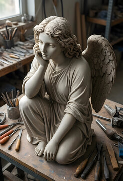artistic inspiration and creativity, clay angel sculpture in progress on a workbench with professional sculpting tools in a traditional artist studio