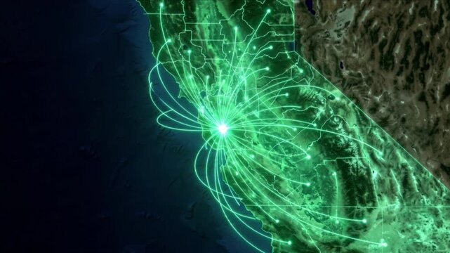 衛星視点のカリフォルニア州全域に広がる光の量子通信ネットワークと郡境界線