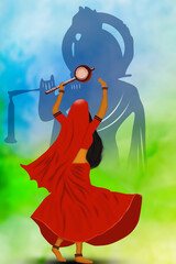 Beautiful digital illustration of Saint Mirabai dancing in devotion with a silhouette of Lord Krishna playing the flute © navnit