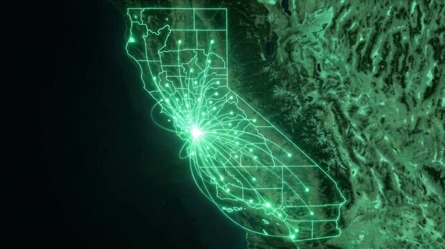衛星視点のカリフォルニア州全域に広がる光の量子通信ネットワークと郡境界線
