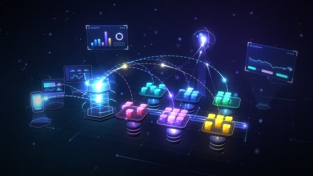 Microservices Architecture Diagram 3D Animation Gateway Routing Requests To Containerized Services Databases