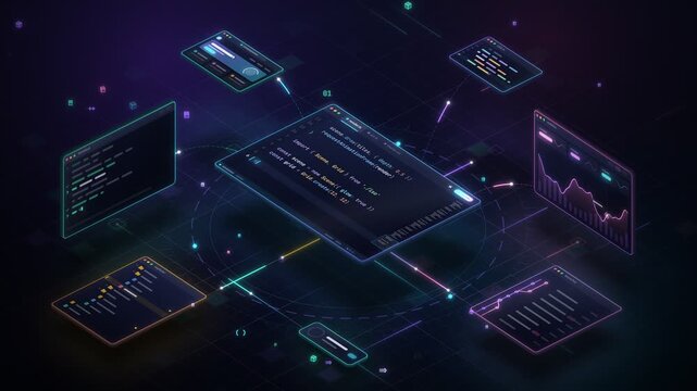 Isometric code windows floating glass editor panels live code typing terminal charts glowing grid data flow seamless loop