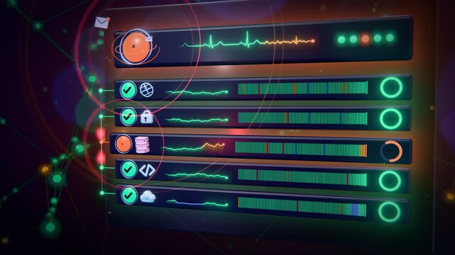 Service Status Page 3D Animation Uptime Monitoring Board Incident Outage Detected Users Notified Recovery Seamless Loop