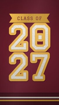 Vertical Class of 2027 varsity chenille patch on maroon wool