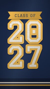 Vertical Class of 2027 varsity chenille patch on navy blue wool