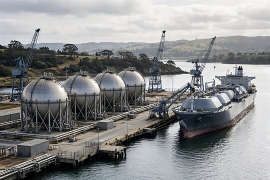 LNG terminal with storage tanks and tanker ship