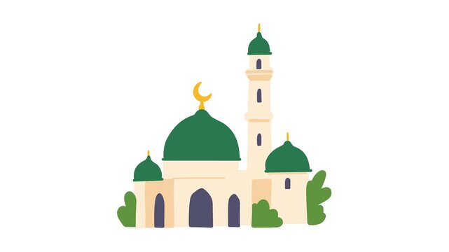 Animation of mosque with green domes and crescent moon