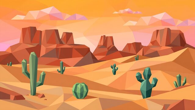 Low poly desert landscape with mesas and cacti