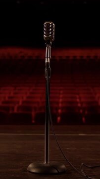 Vintage microphone stands on a theater stage before empty red auditorium seats. Concert promotion, theater advertising, and entertainment marketing.