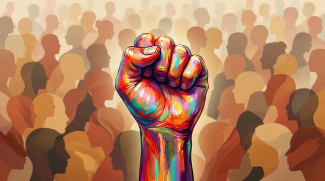 Vibrant abstract rainbow fist raised above blurred crowd silhouettes, multicolor social revolution protest power and unity symbol art illustration for editorial background