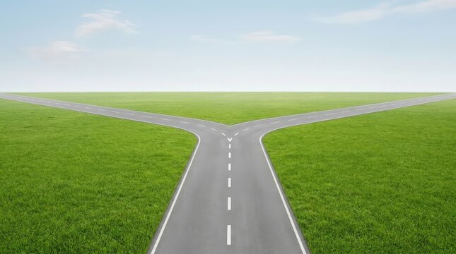 High angle view of asphalt road intersection splitting into two paths across green grass, concept of choice and life direction, two direction road junction, pavement fork in the road