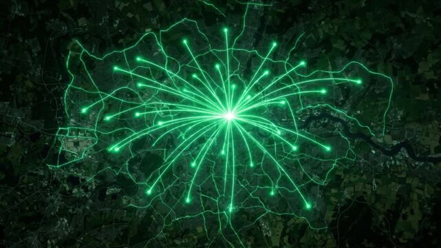 ロンドン上空の衛星写真から量子ネットワークの光線が拡散する動画素材