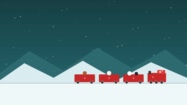 Charming flat vector Christmas train traveling through snowy winter landscape with decorated holiday gifts and pine trees, whimsical festive 2D cartoon animation on clean white background