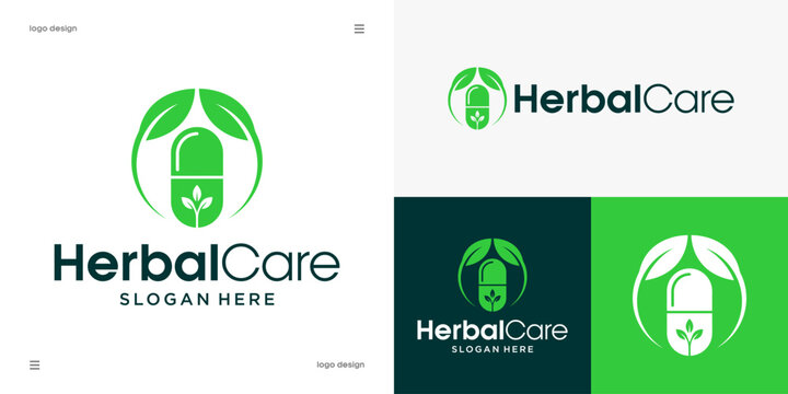 herbal care logo design, natural medicine capsule, organic supplement, pharmaceutical botanical healthcare concept, vector icon