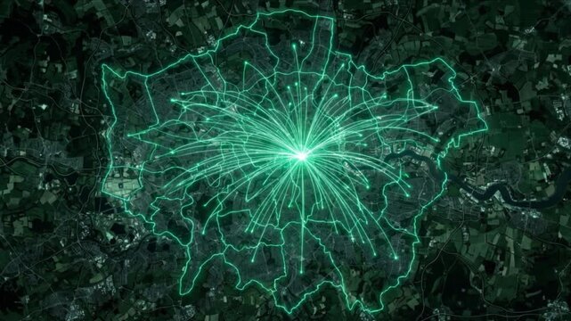 ロンドン上空の衛星写真から量子ネットワークの光線が拡散する動画素材