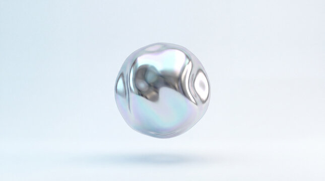 A single floating liquid chrome sphere with softly distorted reflections and iridescent silver, cyan and lavender highlights on a minimal pale blue background.