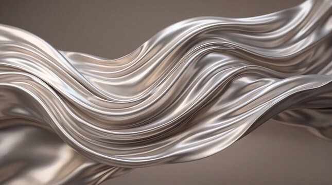 Abstract metallic ribbons sweep through layered curves, blending silver reflections and subtle champagne tones in a refined, fluid design.