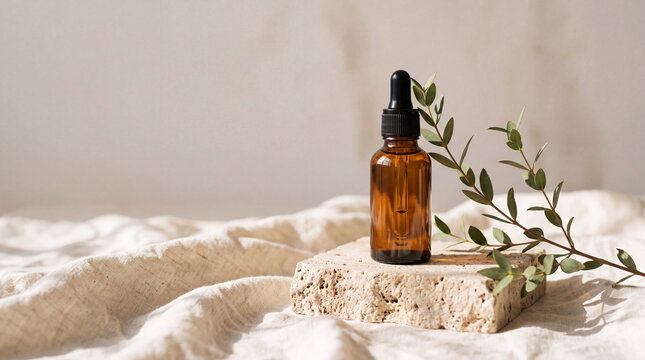 Three-panel collection of amber dropper bottle compositions with natural linen, stone surfaces and green leaves, creating an elegant botanical beauty aesthetic.