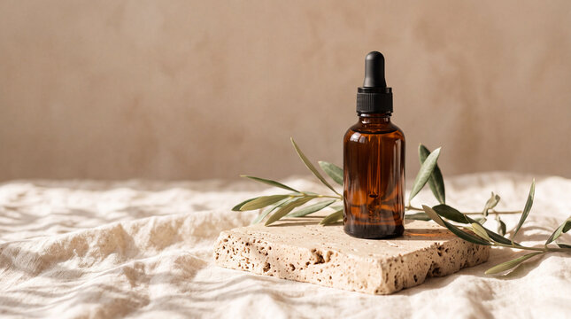 Minimalist skincare packaging scene featuring an unbranded amber bottle, black dropper and botanical accents, with earthy textures and gentle sunlight.