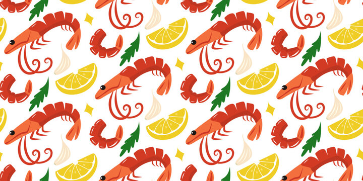 Pattern seamless seafood doodle illustration with fresh orange prawns red shrimps yellow lemon slices and green herbs on white background for restaurant packaging
