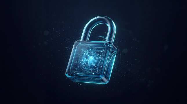 Transparent digital padlock with an illuminated keyhole and electric blue reflections, symbolizing secure access and information protection.