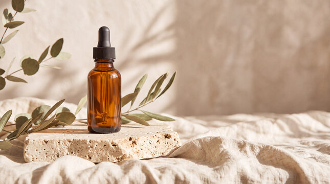 Cosmetic product still life with an amber glass bottle, soft fabric folds and leafy branches, framed by warm neutral tones and generous copy space.