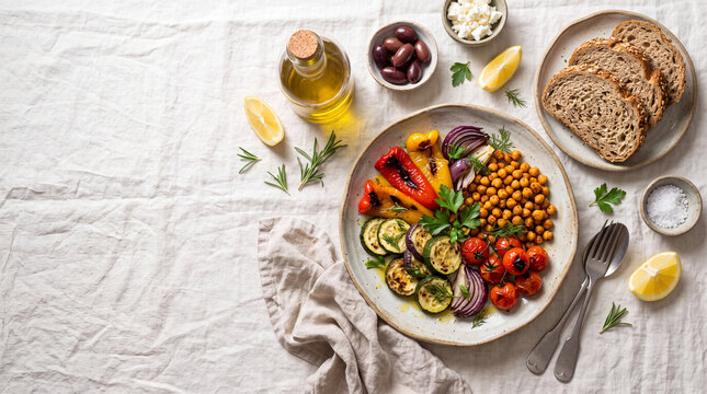 Fresh Mediterranean food photography with vibrant vegetables, chickpeas, whole grain bread and olive oil, styled with soft directional window light.