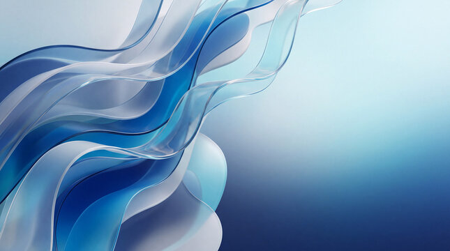 Translucent blue ribbons and soft spherical forms frame a luminous gradient background, creating an elegant abstract composition with flowing curves and open space.